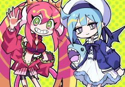 2girls black_shorts blonde_hair blue_jacket chibi cowboy_shot demon_girl demon_tail demon_wings dress duel_monster green_eyes hat highres jacket ki-sikil_(yu-gi-oh!) lil-la_(yu-gi-oh!) live_twin_ki-sikil live_twin_lil-la long_hair multicolored_hair multiple_girls okirune_(yappa_neruwa) open_clothes open_jacket pink_hair pink_jacket purple_eyes red_vest short_hair shorts stuffed_animal stuffed_shark stuffed_toy tail twintails two-tone_hair vest white_dress white_hat wings yu-gi-oh!