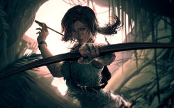 1girl arrow_(projectile) bandaged_arm bandaged_hand bandages bare_shoulders bow bow_(weapon) brown_eyes brown_hair cave commentary dirty dirty_face english_commentary facing_viewer female_focus hair_lift highres holding holding_arrow holding_bow_(weapon) holding_weapon huevang jungle lara_croft leaf light looking_at_viewer nature outdoors parted_lips quiver solo tank_top tomb_raider tomb_raider_(reboot) torn_clothes weapon