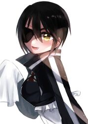 1girl absurdres black_hair eyepatch highres kure_kirika long_sleeves looking_at_viewer looking_to_the_side magical_girl mahou_shoujo_madoka_magica mahou_shoujo_oriko_magica rairai_(light) short_hair simple_background solo white_background