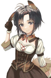 Rule 34 | 1girl, animal ear fluff, animal ears, antenna hair, armband, black eyes, black hair, blush, bob cut, bow, bowtie, breasts, brown armband, brown corset, brown gloves, cleavage cutout, clothing cutout, commentary request, contrapposto, corset, cowboy shot, detached collar, dirndl, fox ears, fox girl, fox tail, frilled cuffs, fur-trimmed gloves, fur-trimmed shirt, fur trim, german clothes, gloves, grin, hand on own ear, highres, idolmaster, idolmaster (classic), idolmaster 2, idolmaster million live!, idolmaster million live! theater days, kemonomimi mode, kikuchi makoto, konkon comfort (idolmaster), long sleeves, looking at viewer, loose hair strand, miyagi, neck ribbon, parted lips, red bow, red bowtie, red ribbon, ribbon, shirt, short hair, simple background, small breasts, smile, solo, standing, tail, tomboy, white background, white shirt