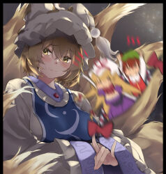Rule 34 | 3girls, animal ears, animal hat, arm up, arms under breasts, arms up, backlighting, black border, blonde hair, blue tabard, blurry, blush, border, bow, breasts, brown hair, buttons, cat ears, chen, cleavage cutout, closed mouth, clothing cutout, commentary request, dress, elbow gloves, embarrassed, eyes visible through hair, fox shadow puppet, fox tail, frilled dress, frilled hat, frilled sleeves, frills, furrowed brow, gap (touhou), gloves, grey dress, hair between eyes, hands in opposite sleeves, hat, hat ribbon, kitsune, kyuubi, large breasts, large tail, light particles, long hair, long sleeves, looking to the side, meji aniki, mob cap, motion blur, multiple girls, multiple tails, nervous, nervous smile, notice lines, nyan, open mouth, outstretched arm, outstretched arms, oversized clothes, parted lips, paw pose, puffy short sleeves, puffy sleeves, purple dress, red bow, ribbon, shirt, short hair, short sleeves, sketch, smile, sweat, sweatdrop, tabard, tail, tassel, touhou, upper body, white dress, white gloves, white hat, white shirt, wide sleeves, yakumo ran, yakumo yukari, yellow eyes, yellow tail