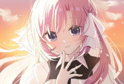 Rule 34 | 1girl, backlighting, blush, closed mouth, collared shirt, commentary request, floating hair, hair between eyes, hair ribbon, hand up, happy, highres, himawari no kyoukai to nagai natsuyasumi, long hair, looking at viewer, natsusaki yomi, orange sky, outdoors, pink hair, portrait, purple eyes, ribbon, sakaniwa t, shirt, sky, smile, solo, sunset, two side up, white ribbon