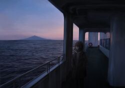 1girl absurdres akebonobashi_(artist) black_pantyhose blunt_bangs boat brown_coat brown_eyes brown_hair cloud cloudy_sky coat commentary_request dated_commentary evening fur-trimmed_coat fur_trim highres looking_to_the_side mountain ocean on_boat original outdoors pantyhose scenery sky solo standing watercraft