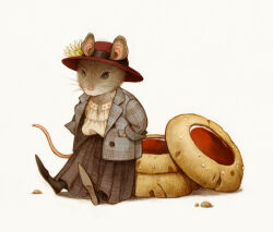1girl animal animal_focus commentary_request cookie ears_through_headwear food full_body furry furry_female jacket long_skirt long_sleeves mogoshin mouse_(animal) original pantyhose pleated_skirt pointy_footwear shirt shoes simple_background sitting skirt solo white_background