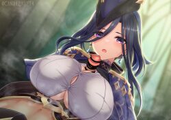 1boy 1girl aether_(genshin_impact) alternate_breast_size bar_censor blue_cape blue_hair breasts bursting_breasts button_gap can_(canzume) cape censored clorinde_(genshin_impact) commentary_request dark_blue_hair earrings epaulettes floating_earring genshin_impact hair_between_eyes hat hetero huge_breasts jewelry large_variant_set long_hair long_hair_between_eyes looking_at_viewer male_pubic_hair multicolored_hair open_mouth paid_reward_available paizuri paizuri_under_clothes penis precum pubic_hair purple_eyes shirt streaked_hair tricorne twitter_username variant_set white_shirt