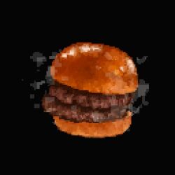 Rule 34 | beef, black background, bread bun, burger, food, food focus, hisachan55cute, no humans, original, pixel art, simple background, steaming food, still life