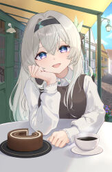 1girl absurdres alternate_costume aot_kwc baumkuchen black_hairband blush breasts building coffee cup firefly_(honkai:_star_rail) grey_hair hair_between_eyes hair_intakes hair_ornament hairband hand_on_own_cheek hand_on_own_face highres honkai:_star_rail honkai_(series) long_hair long_sleeves looking_at_viewer medium_breasts open_mouth pink_eyes plate shirt smile solo white_shirt