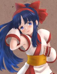 1girl ainu_clothes alternate_hairstyle arm_behind_head armpits blue_eyes blue_hair blush breasts clenched_hand fingerless_gloves gloves hair_ribbon kozuka_docoro long_hair looking_at_viewer nakoruru open_mouth ponytail ribbon samurai_spirits small_breasts smile snk the_king_of_fighters tongue