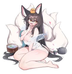 Rule 34 | 1girl, :d, absurdres, ahri (league of legends), animal ears, black hair, breasts, commentary, fox ears, fox girl, fox tail, highres, korean commentary, large breasts, league of legends, long hair, looking at viewer, multiple tails, naked towel, open mouth, simple background, smile, solo, tail, teeth, towel, upper teeth only, white background, yabby, yellow eyes
