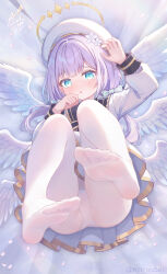 1girl :o absurdres angel angel_wings blue_eyes blush bow detached_wings dress feathered_wings hair_between_eyes hair_ornament halo highres loli long_hair long_sleeves low_twintails maimai_(game) open_mouth panties pantyhose pleated_dress pussy pussy_peek qingye_tuanzi sailor_collar sailor_dress shy solo striped_background striped_bow twintails underwear white_dress white_panties white_pantyhose white_sailor_collar white_wings wings yurisaki_mika_(maimai)
