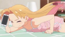 Rule 34 | 1girl, animated, anime screenshot, ass, bed, blonde hair, breasts, camisole, cellphone, collarbone, dolphin shorts, green eyes, highres, holding, holding phone, long hair, lying, on bed, on stomach, open mouth, phone, pink camisole, ruri no houseki, shorts, sleeveless, small breasts, sound, tagme, tanigawa ruri, video