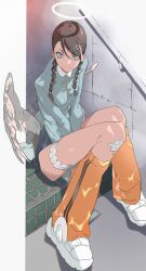 1girl absurdres angel angel_wings braid brown_hair commentary hair_ornament hairclip halo highres himuro_yukichiko low_twin_braids original sitting sitting_on_stairs solo stairs twin_braids white_halo wings