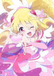 1girl aida_mana blonde_hair bow brooch choker circle_skirt collarbone commentary_request cowboy_shot cure_heart curly_hair dokidoki!_precure dot_nose dress eyelashes floating_clothes hair_between_eyes hair_ornament hair_ribbon hair_tie happy heart heart-shaped_hair heart_brooch heart_hair_ornament heart_hands high_ponytail highres jewelry leaning_forward light_blush light_particles long_hair looking_at_viewer magical_girl one_eye_closed open_mouth pink_arm_warmers pink_bow pink_brooch pink_choker pink_dress pink_eyes pink_ribbon ponytail precure ribbon serizawa_serizane smile solo tareme twitter_username very_long_hair waist_bow watermark white_background