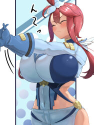 absurdres alternate_costume breasts closed_eyes creatures_(company) game_freak highres hizakake huge_breasts nintendo pokemon pokemon_bw red_hair skyla_(pokemon)