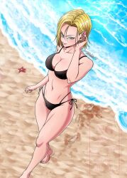 Rule 34 | 1girl, abs, android 18, blonde hair, blue eyes, blush, breasts, cleavage, dragon ball, happy, navel, ocean, sand, smile, solo, starfish, swimsuit, thick thighs, thighs, wet