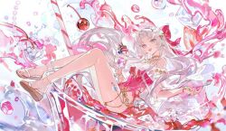 1girl ahoge aqua_eyes bare_legs bare_shoulders bow breasts carlotta_(splashing_summer)_(wuthering_waves) carlotta_(wuthering_waves) casual_one-piece_swimsuit cherry chinese_commentary commentary_request food fruit hair_bow highres holding holding_food ice_cream legs looking_at_viewer medium_breasts mento off-shoulder_one-piece_swimsuit off_shoulder official_alternate_costume one-piece_swimsuit open_mouth parted_bangs pink_bow pink_one-piece_swimsuit sandals smile solo striped_bow sundae swimsuit thighs wuthering_waves
