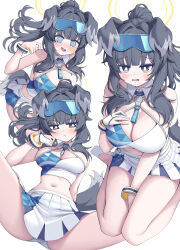 1girl @_@ absurdres animal_ears bare_arms bare_shoulders between_legs black_hair blue_archive blue_eyes blue_sports_bra blush breasts cheerleader cleavage closed_mouth dog_ears dog_girl dog_tail gloves hand_between_legs hand_on_own_chest hibiki_(blue_archive) hibiki_(cheer_squad)_(blue_archive) highres large_breasts long_hair looking_at_viewer metaljelly navel official_alternate_costume official_alternate_hairstyle open_mouth partially_fingerless_gloves ponytail pout sidelocks single_glove sitting skirt solo sports_bra spread_legs stomach tail wariza white_gloves white_skirt white_sports_bra