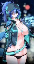 1girl annes_(g_(genesis1556)) bare_shoulders bikini bikini_bottom_only black_bikini blue_eyes blue_hair breasts carrying_over_shoulder cleavage closed_mouth clothing_cutout collarbone commentary_request cowboy_shot cropped_jacket cross cross_necklace dragon_girl dragon_horns dragon_tail eyepatch g_(genesis1556) green_jacket groin hair_between_eyes high_ponytail highres holding holding_sword holding_weapon hood hood_up horns jacket jewelry large_breasts long_hair looking_at_viewer monster_girl naked_jacket navel necklace open_clothes open_jacket original ponytail scales scar scar_across_eye scar_on_face sheath sheathed shoulder_cutout sidelocks solo standing stitched_torso stitches stomach swimsuit sword tail warrior weapon