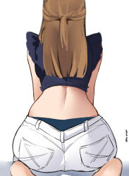 1girl absurdres ass back back_focus bare_shoulders barefoot blue_panties blue_shirt brown_hair crop_top elina_(pinepin) facing_away frilled_shirt frills from_behind half_updo highres long_hair median_furrow midriff original panties pants panty_peek pinepin shirt simp simple_background sleeveless sleeveless_shirt solo underwear white_background white_pants