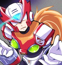 Rule 34 | 1boy, absurdres, armor, blonde hair, chest jewel, commentary, forehead jewel, glowing, helmet, highres, long hair, male focus, mega man (series), mega man x (series), meshiuma0x, ponytail, red armor, red helmet, sharp teeth, shoulder armor, solo, symbol-only commentary, teeth, upper body, zero (mega man)