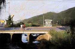 1boy 1girl bicycle blue_sky bridge building child day hill mountainous_horizon original outdoors power_lines road scenery shadow sky slow_d sunlight utility_pole water