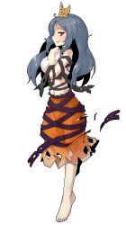 Rule 34 | 1girl, bare shoulders, barefoot, black ribbon, blue hair, breasts, chirizuka ubame, clenched hand, closed eyes, commentary request, crop top, dairi, defeat, from side, full body, hand on own chest, highres, large variant set, light blush, long hair, looking at viewer, medium breasts, navel, open mouth, orange skirt, purple ribbon, ribbon, ribbon around body, simple background, skirt, smile, solo, standing, standing on one leg, stomach, sweatdrop, tachi-e, tank top, tiara, torn clothes, torn ribbon, torn skirt, touhou, transparent background, variant set, white tank top