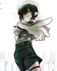 Rule 34 | 1boy, aura, black bow, black bowtie, black hair, black shorts, bow, bowtie, collared shirt, cowboy shot, dark aura, datenshi no fu, despair god morroc, grin, hair between eyes, hair over one eye, highres, long bangs, looking at viewer, male focus, pointy ears, ragnarok masters, ragnarok online, reaching, reaching towards viewer, shirt, shirt tucked in, short hair, shorts, smile, solo, thigh strap, white shirt, yellow eyes