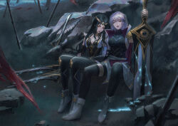 2girls absurdres battlefield black_hair black_thighhighs closed_eyes highres holding holding_sword holding_weapon houraisan_chouko irelia knees_up league_of_legends long_hair multiple_girls planted planted_sword planted_weapon rain riven_(league_of_legends) short_hair sitting sword thighhighs weapon wet white_hair