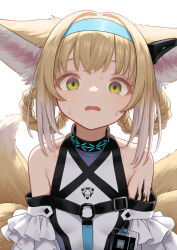 1girl absurdres animal_ears arknights bare_shoulders blonde_hair blue_hairband braid braided_hair_rings earpiece extra_ears fox_ears fox_girl fox_tail green_eyes hair_rings hairband highres id_card infection_monitor_(arknights) kitsune kyuubi looking_at_viewer material_growth multiple_tails open_mouth oripathy_lesion_(arknights) simple_background solo suzuran_(arknights) sweat tail twin_braids upper_body welt_(kinsei_koutenkyoku) white_background