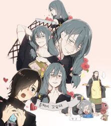3boys apron blue_eyes blue_hair bowl closed_mouth dagon_(jujutsu_kaisen) flower getou_suguru getou_suguru_(kenjaku) heterochromia holding holding_tray jujutsu_kaisen long_hair mahito_(jujutsu_kaisen) male_focus multiple_boys nonockha parted_lips pet_bowl pink_background red_flower red_rose rose shikigami smile sparkle stitched_arm stitched_face stitched_neck stitches tray yellow_apron yellow_eyes yoshino_junpei