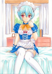 Rule 34 | 1girl, ayanami rei, blue hair, blush, breasts, cleavage, interface headset (evangelion), looking at viewer, maid, medium breasts, neon genesis evangelion, nightmare77zx, red eyes, short hair, solo, uniform