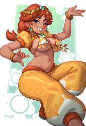 1girl absurdres adapted_costume alternate_breast_size alternate_hairstyle alternate_skin_color arabian_clothes arm_up blue_eyes bra bracelet breasts brown_hair circlet crop_top cropped_shirt dark-skinned_female dark_skin earrings flower_earrings freckles gem green_background green_eyes green_gemstone grin harem_pants highres jewelry long_hair looking_at_viewer mario_(series) mario_kart mario_kart_world nail_polish navel necklace nintendo official_alternate_costume one_eye_closed open_mouth orange_bra orange_nails orange_shoes outline pants pink_pupils princess_daisy princess_daisy_(oasis) puffy_short_sleeves puffy_sleeves riz shirt shoes short_sleeves smile solo tan underwear white_background white_outline yellow_pants yellow_shirt