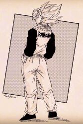 Rule 34 | alternate costume, artist name, dragon ball, dragonball z, earrings, fenyon, from behind, full body, greyscale, halftone, hands in pockets, jacket, jewelry, looking at viewer, medium hair, monochrome, pants, potara earrings, simple background, smirk, spiked hair, super saiyan, super saiyan 1, vegetto