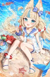 1girl :d absurdres animal_ear_fluff beach bikini bikini_under_clothes bikini_under_shorts blonde_hair blue_bikini blue_eyes blue_hair blue_nails blue_sailor_collar blunt_bangs commentary crab day dress english_commentary fangs fins fish_girl fish_tail frilled_bikini frilled_shirt_collar frills front_slit hair_flaps halterneck hand_up highres holding_seashell indie_virtual_youtuber lifebuoy_hair_ornament long_hair looking_at_viewer low_twintails meltyrice midriff multicolored_hair nail_polish navel one_side_up open_mouth outdoors sailor_collar sameko_saba sandals scrunchie shark_girl shark_tail short_shorts shorts side-tie_bikini_bottom simple_background single_bare_arm sitting smile solo starfish streaked_hair striped_bikini striped_clothes swimsuit tail teeth toenails twintails upper_teeth_only very_long_hair virtual_youtuber white_background white_dress white_shorts wrist_scrunchie