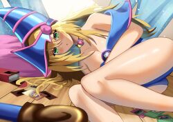 1girl absurdres arerex ass bare_legs bare_shoulders blue_dress blush breasts cane card card_game cleavage collarbone dark_magician_girl deck_of_cards detached_collar dress duel_monster feet_out_of_frame green_eyes hair_between_eyes hat highres large_breasts long_hair looking_at_viewer lying on_side open_mouth solo thighs witch witch_hat yu-gi-oh!