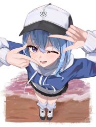 Rule 34 | 1girl, ;d, absurdres, arms up, baseball cap, black skirt, blue eyes, blue hair, blue hoodie, drawstring, from above, hat, highres, hololive, hood, hoodie, hoshimachi suisei, hoshimachi suisei (11th costume), index finger raised, looking at viewer, maymea, miniskirt, one eye closed, open mouth, shoes, skirt, smile, socks, standing, star (symbol), star in eye, symbol in eye