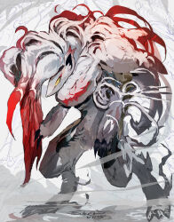 1other 2025 absurdres artist_name dated full_body gen_5_pokemon highres hisuian_zoroark monster nintendo other_focus pokemon pokemon_(creature) red_fur smoke solo standing sukepmonster two-tone_fur white_fur yellow_eyes zoroark