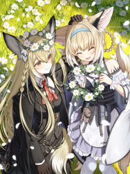 2girls animal_ear_fluff animal_ears arknights black_gloves blonde_hair blue_hairband braid closed_eyes closed_mouth commentary_request earpiece flower flower_wreath fox_ears fox_girl fox_tail gloves hairband infection_monitor_(arknights) jacket long_sleeves mother_and_daughter multiple_girls necktie open_mouth orange_eyes shironekoban shirt smile suzuran_(arknights) tail vulpisfoglia_(arknights) white_shirt