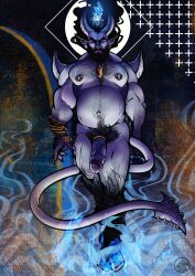 1boy absurdres arm_hair bara bare_pectorals beard blue_fire body_fur body_hair bracelet chest_hair chest_jewel claws colored_sclera colored_skin commission completely_nude demon demon_boy demon_horns demon_tail facial_hair fire floating_hair girthy_penis hairy highres hooves horns jewelry large_pectorals leg_hair long_hair male_focus male_pubic_hair mature_male muscular muscular_male navel_hair nipple_piercing nipple_rings nipples nude pectorals penis piercing pointy_ears pubic_hair tail tavrosdraws uncensored veins veiny_penis