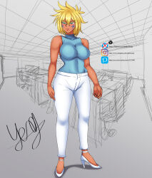 Rule 34 | 1girl, absurdres, bleach, blonde hair, breasts, dark-skinned female, dark skin, espada, green eyes, high heels, highres, large breasts, pants, tier harribel, white pants, yeng