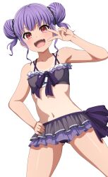 1girl absurdres bang_dream! bikini bikini_day breasts commentary double_bun fangs gluteal_fold hair_bun hand_on_own_hip hand_up highres navel noshimurin open_mouth purple_bikini purple_hair red_eyes short_hair sidelocks simple_background small_breasts solo stomach swimsuit tan tanline udagawa_ako v white_background