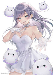 1girl :d amamiya_sui bare_shoulders blue_eyes blush bow braid breasts cleavage collarbone dress fang foreshortening gloves grey_bow grey_hair hair_bow hand_up indie_virtual_youtuber long_hair looking_at_viewer medium_breasts midorikawa_you mole mole_on_breast open_mouth outstretched_arm pleated_dress reaching reaching_towards_viewer simple_background smile solo strapless strapless_dress twitter_username virtual_youtuber white_background white_dress white_gloves