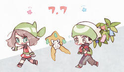 Rule 34 | 1boy, 1girl, :3, bandana, black pants, black socks, blue eyes, blush stickers, branch, brendan (pokemon), brown eyes, brown hair, chibi, collared shirt, commentary, dated, floating, flying sweatdrops, full body, gen 3 pokemon, gloves, green bag, green bandana, green headwear, grey background, hand on own face, happy, jacket, jirachi, leaf, legendary pokemon, looking back, may (pokemon), medium hair, mgomurainu, multicolored gloves, mythical pokemon, nintendo, open mouth, outstretched arm, pants, pointing, pokemon, pokemon (creature), pokemon emerald, pokemon rse, red gloves, red jacket, running, shirt, shoes, sidelocks, sleeveless, sleeveless shirt, smile, socks, star (symbol), sweatdrop, tanzaku