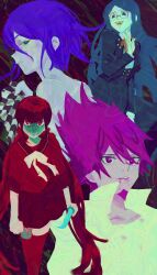 2boys 2girls angry blood blood_from_mouth blue_corset blue_hair blunt_bangs bow bowtie brown_hair buttons checkered_clothes checkered_scarf collared_shirt commentary corset danganronpa_(series) danganronpa_v3:_killing_harmony facial_hair flipped_hair glasses goatee hair_between_eyes hair_ornament hair_scrunchie harukawa_maki highres holding holding_knife jacket knife long_hair long_sleeves looking_at_viewer low_twintails medium_hair mimi_(mimionee) momota_kaito multiple_boys multiple_girls oma_kokichi open_mouth orange_ribbon pale_skin pink_blood pleated_skirt profile purple_eyes purple_facial_hair purple_hair red_eyes red_scrunchie red_shirt red_thighhighs ribbon round_eyewear sailor_collar scarf school_uniform scrunchie shaded_face shirogane_tsumugi shirt short_hair skirt smile spiked_hair spoilers thighhighs topless_male twintails very_long_hair waving white_bow white_bowtie white_shirt
