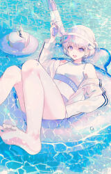 1girl achiki banpen_(todoroki_hajime) barefoot blonde_hair feet floating highres hololive hololive_dev_is innertube jacket midriff ocean on_innertube purple_eyes soles swim_ring swimsuit todoroki_hajime toes two_side_up virtual_youtuber visor_cap water_gun