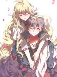 Rule 34 | 1boy, 1girl, ahoge, black eyes, black hair, black jacket, blonde hair, blush, capelet, closed eyes, closed mouth, collarbone, commentary request, dress, fairy tail, funa2001, hair between eyes, hair ornament, head wings, high collar, hug, hug from behind, jacket, jewelry, long hair, mavis vermilion, necklace, petals, pink dress, short hair, smile, very long hair, wavy hair, white background, white capelet, wings, zeref