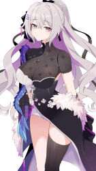 1girl absurdres awe_(adorableduckyy) breasts bronya_zaychik bronya_zaychik_(heart_of_the_night) bronya_zaychik_(silverwing:_n-ex) chinese_clothes cleavage closed_mouth commentary dress drill_hair grey_eyes grey_hair hair_between_eyes hair_ornament highres honkai_(series) honkai_impact_3rd large_breasts long_hair pink_pupils see-through_cleavage see-through_clothes shorts simple_background single_thighhigh solo thighhighs very_long_hair white_background white_shorts