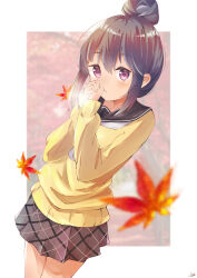 1girl absurdres black_hair black_sailor_collar black_skirt blush border closed_mouth commentary_request cowboy_shot hair_bun highres leaf long_sleeves looking_at_viewer maple_leaf miniskirt motosu_school_uniform neckerchief noyk_iv outside_border parted_lips plaid_clothes plaid_skirt pleated_skirt purple_eyes sailor_collar school_uniform shima_rin short_hair sidelocks single_hair_bun skirt solo standing steam_from_mouth sweater white_border white_neckerchief yellow_sweater yurucamp