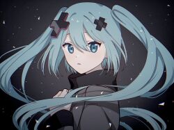 1girl akahito_(akaironotanin) aqua_eyes aqua_hair batsu_miku hair_between_eyes hair_ornament hand_on_own_chest hatsune_miku highres jacket kowareta_sekai_to_utaenai_miku long_hair looking_at_viewer open_mouth project_sekai solo turtleneck turtleneck_jacket twintails upper_body very_long_hair vocaloid x_hair_ornament
