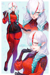 1girl alternate_costume alternate_hair_color alternate_hairstyle artist_name black_skirt blush bodysuit braid breasts commentary english_commentary hatsune_miku highres large_breasts lips long_hair looking_at_viewer original pencil_skirt prywinko red_bodysuit skindentation skirt twin_braids twintails vocaloid